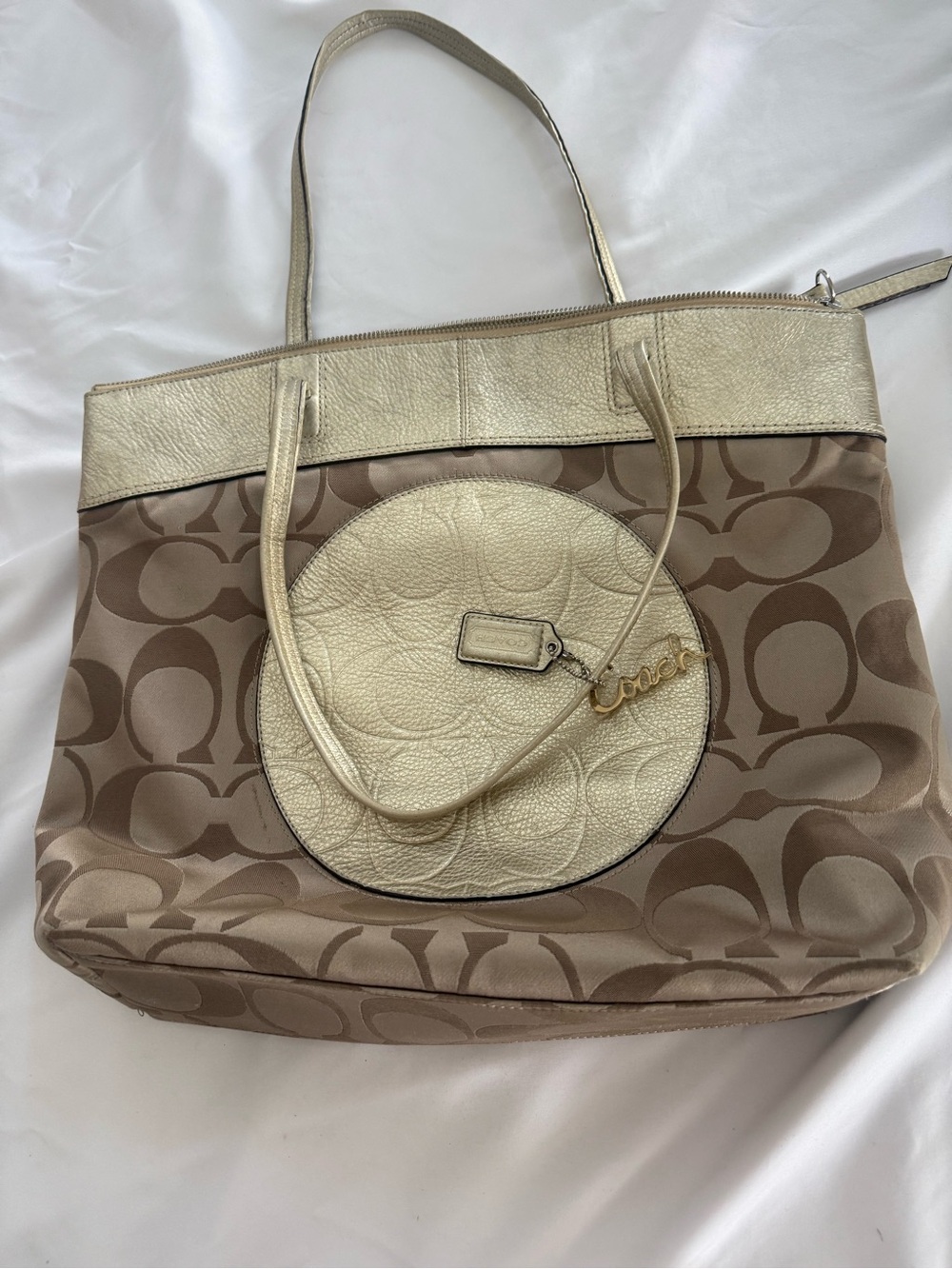 Coach Laura Signature Canvas & Leather Tote with Metallic Gold Minor Wear PHOTOS